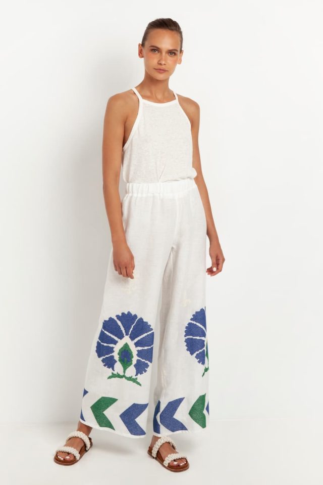 Greek Archaic Kori Linen Pants with Embroidery