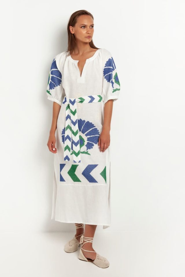 Greek Archaic Kori Linen Dress with Peacock Embroidery