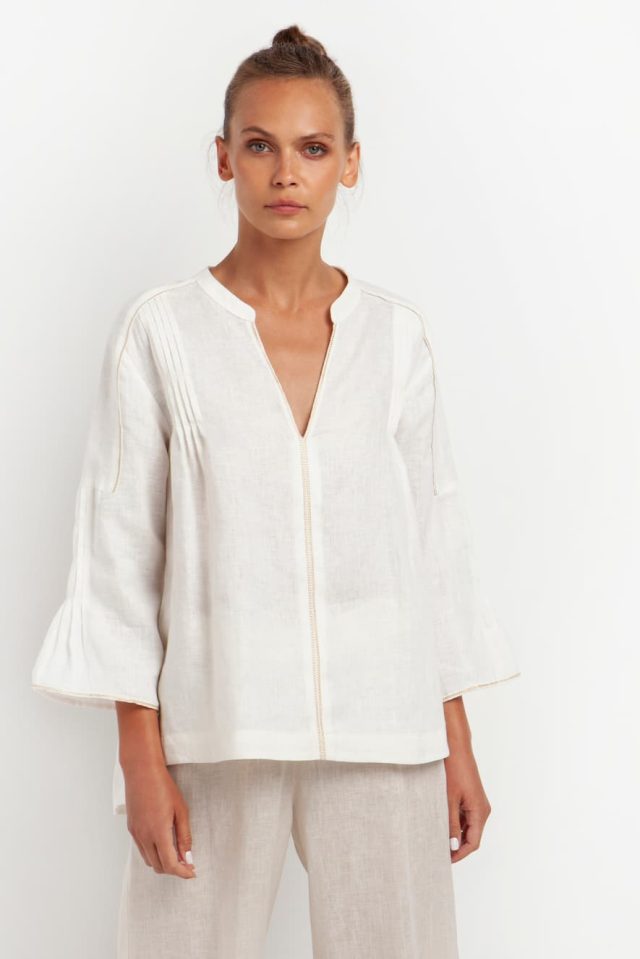 Greek Archaic Kori Blouse with Pleats and Gold Ribbon
