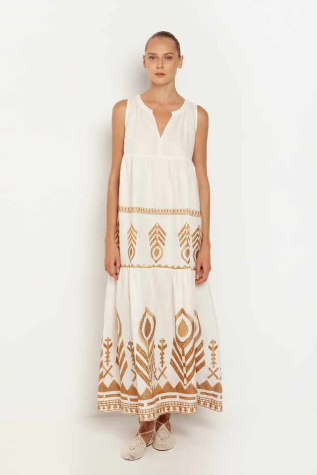 Greek Archaic Kori Dress Sleeveless with Embroidery White/White