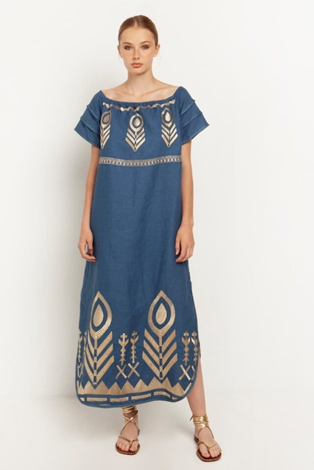 Greek Archaic Kori Off Shoulder Linen Dress