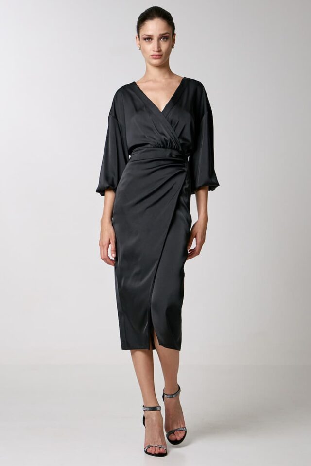 Access Satin Wrap Midi Dress with Pleats Black