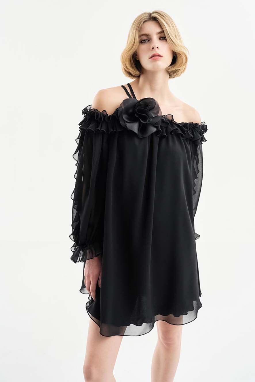 Access One-Shoulder Muslin Dress with Frills Black