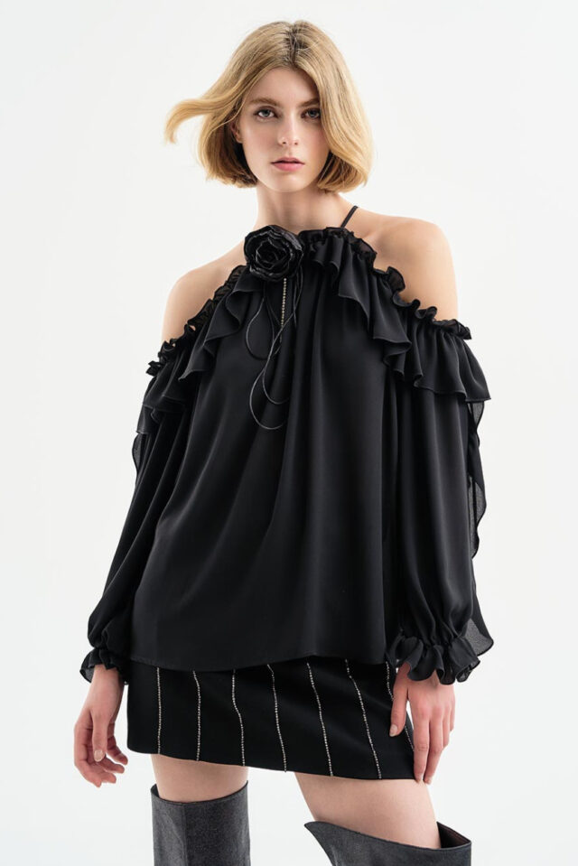 Access Off the Shoulder Blouse with Ruffles Black