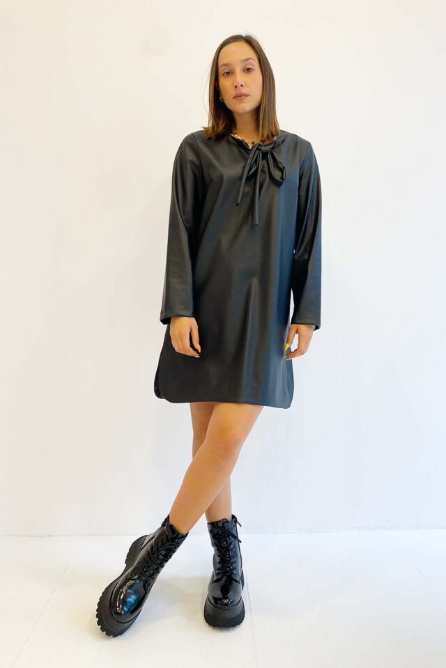 Milla Φόρεμα Δερματίνη με Δεσίμο στο Λαιμό Μαύρο