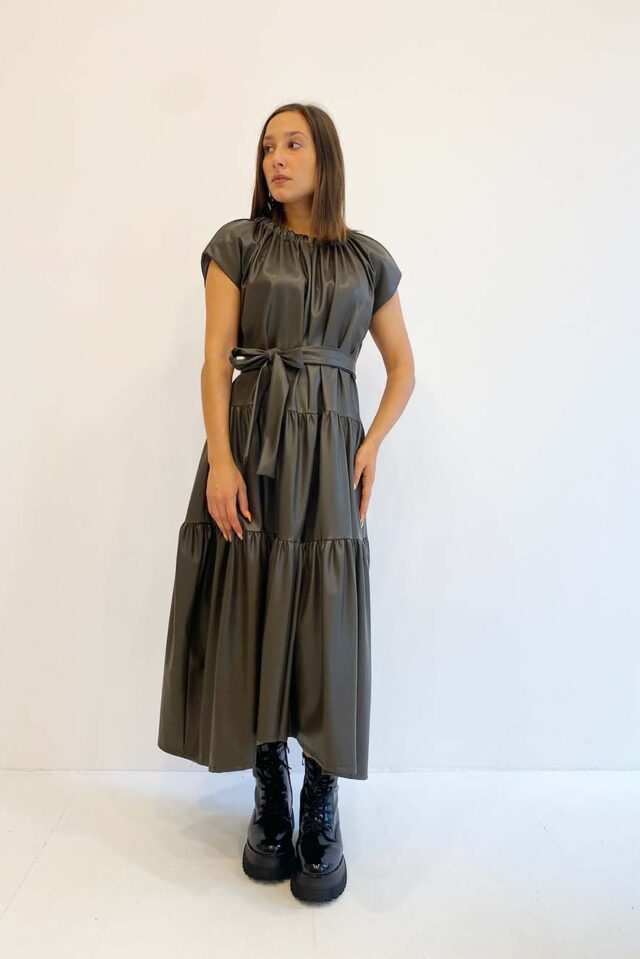 Milla Φόρεμα Μίντι Δερματίνη με Σούρες στο Λαιμό Χακι