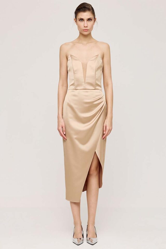 Access Strapless Dress with Sheer Bodice Gold