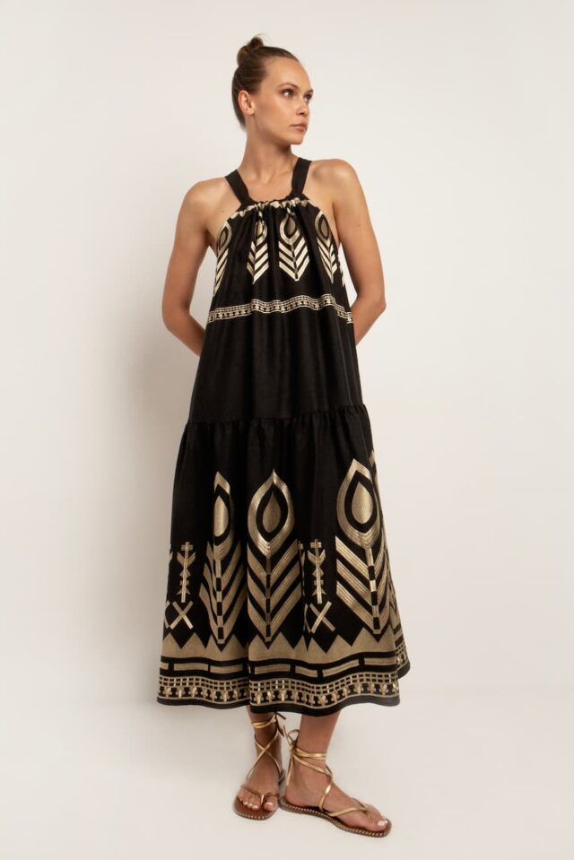 Greek Archaic Kori Long Dress with Embroidered Feathers